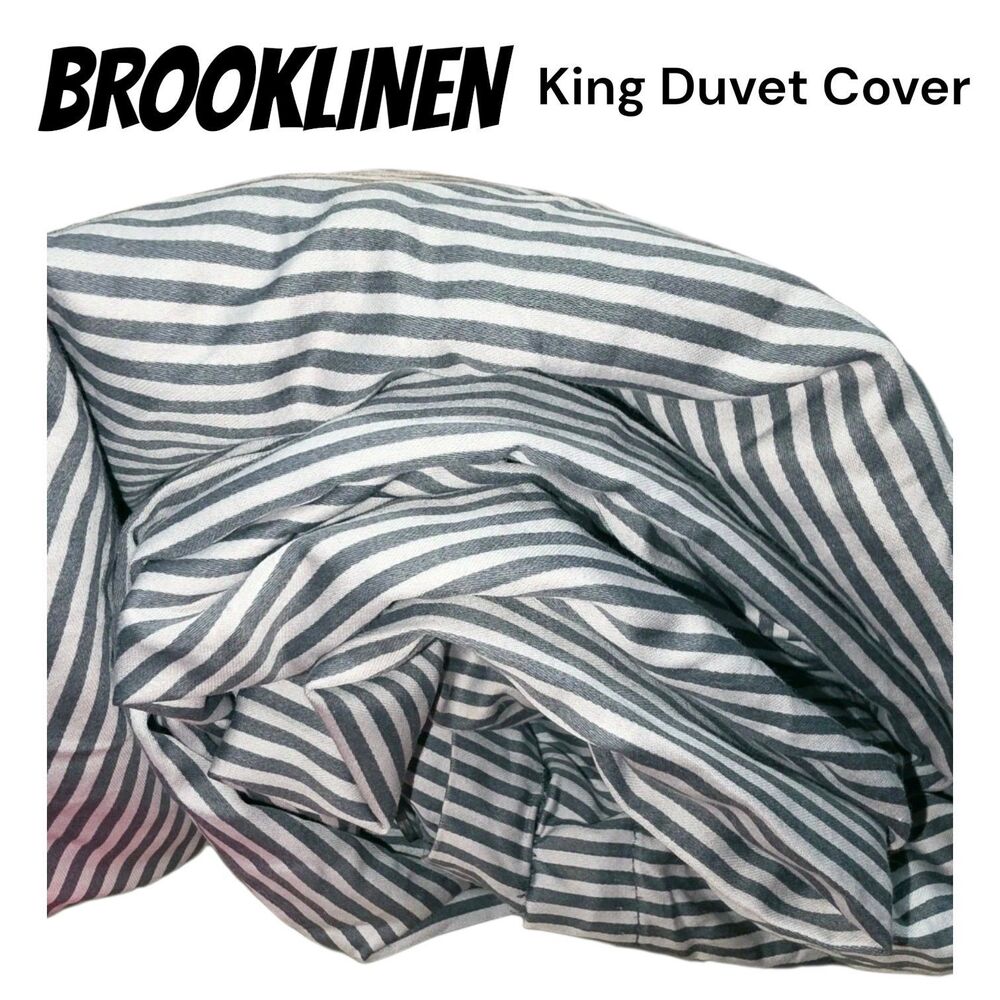 Brooklinen King Gray White Stripes Logo Buttons Cotton Oeko-Tex Duvet Cover EUC